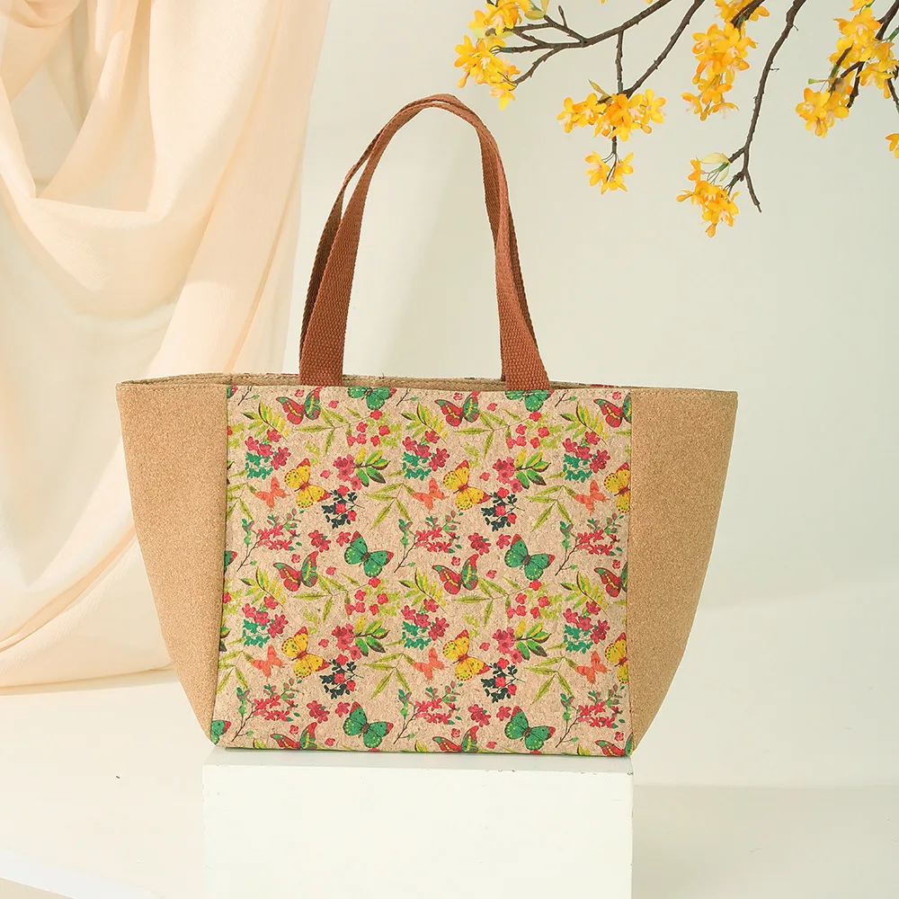 8pcs Shoulder Bags Women Cork Leather Flower Patchwork Plain Large Capacity Cross Zipper Decoration Shopping Bag