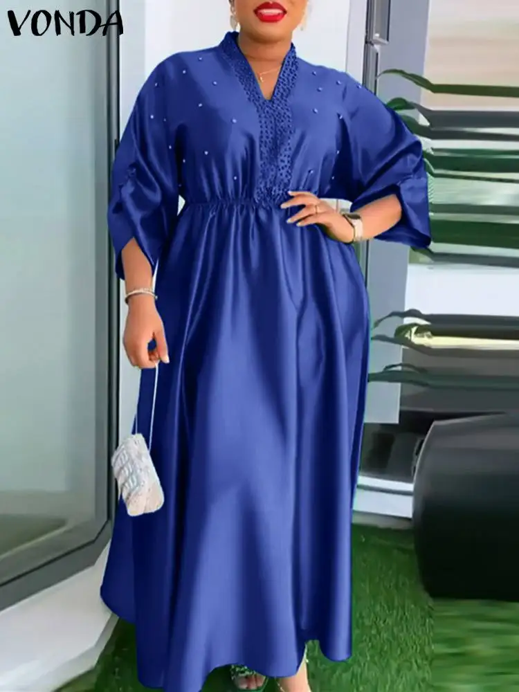 Plus Size VONDA Women Elegant Maxi Dress 2024 Vintage Three Quarter Sleeve Dress Solid Color Sundress Sexy Loose Robe Vestidos