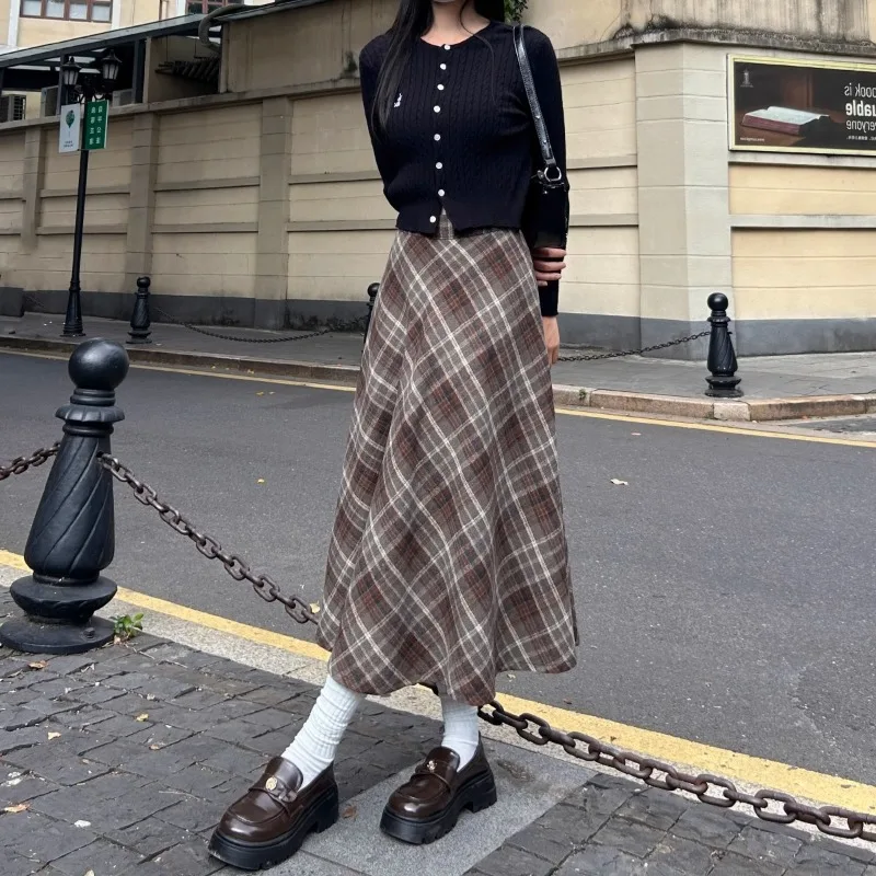 Retro Patchwork Plaid A-line Woolen Skirt High Waist Loose Thicken Mid-length Skirt Autumn New Casual Versatile Women's Clothes