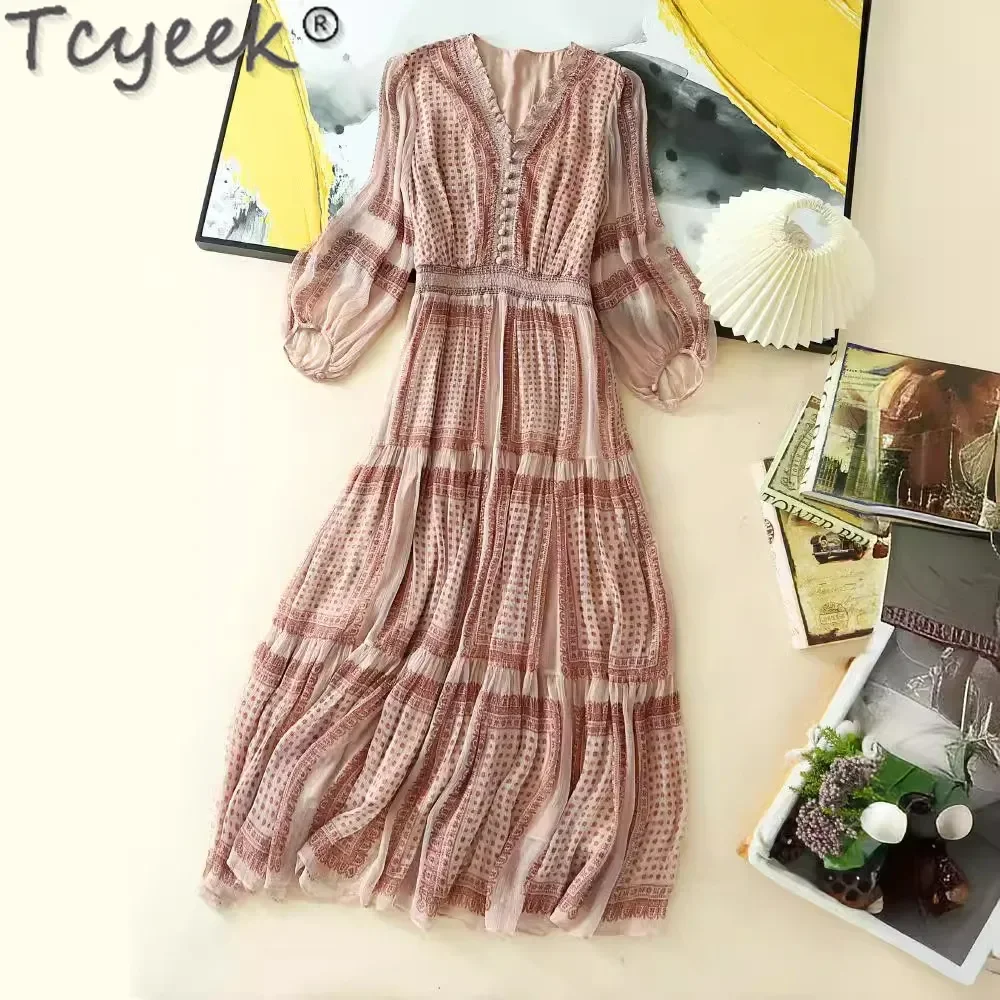 Tcyeek 100% Real Mulberry Silk Maxi Dresses for Women 2024 Party Dress Chic and Elegant Woman Dress Summer Clothes Vestido Mujer