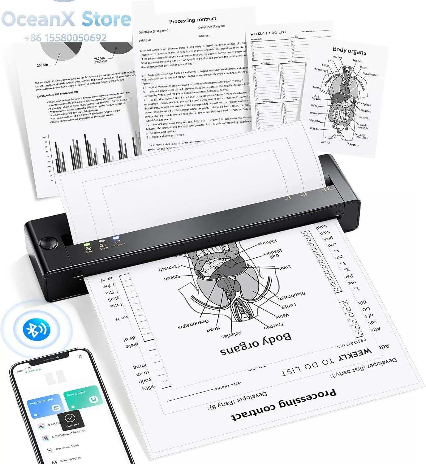 Portable Wireless Inkless Thermal Printer for Travel and Home Use, Bluetooth Compatible,  Compatible, Wide Format Graphics