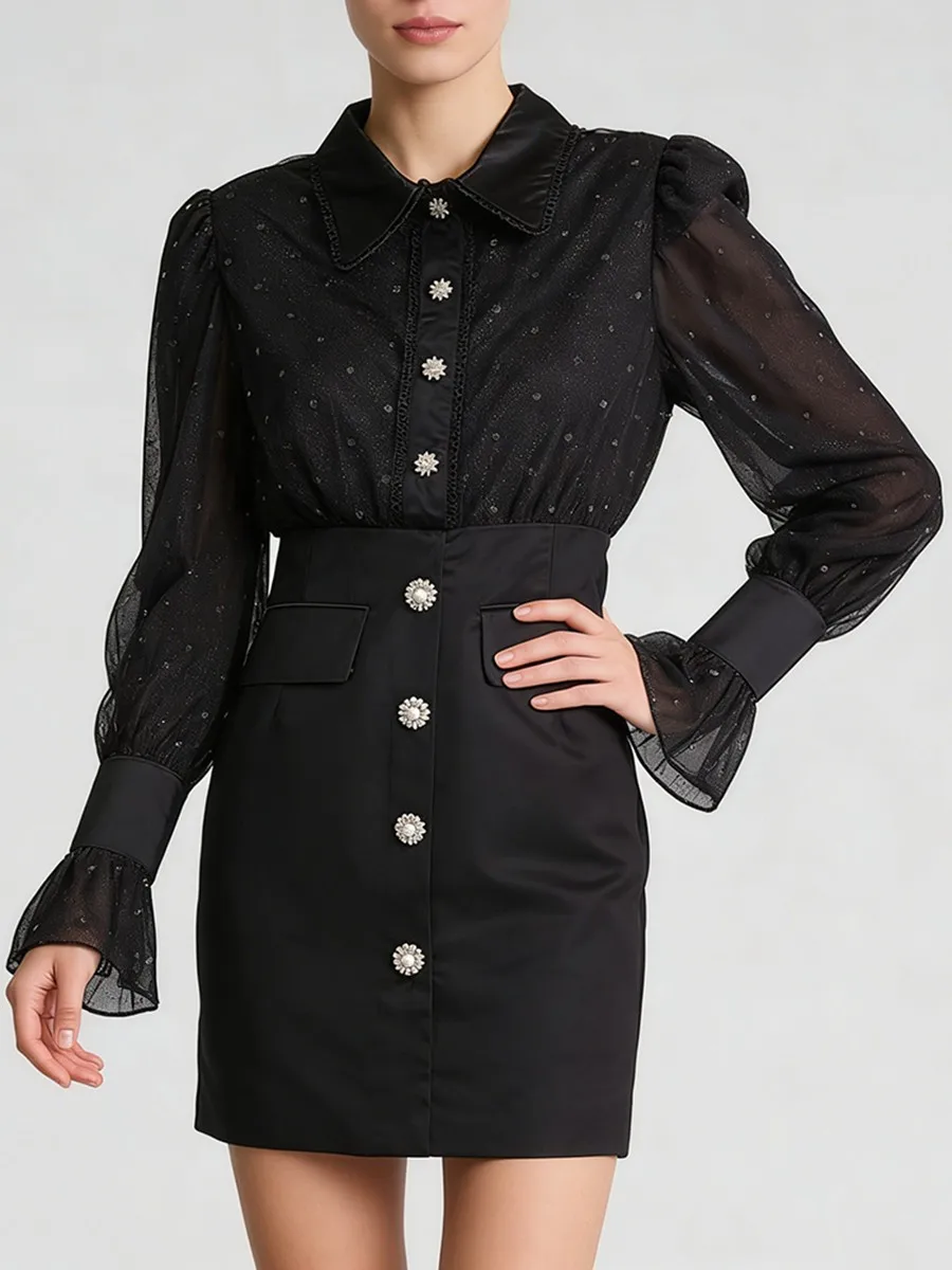 TWOTWINSTYLE Black Sheer Spliced Hot Fix Elegant Dresses for Women Lapel Long Sleeves Tunic Patchwork Buttons Dress Female New