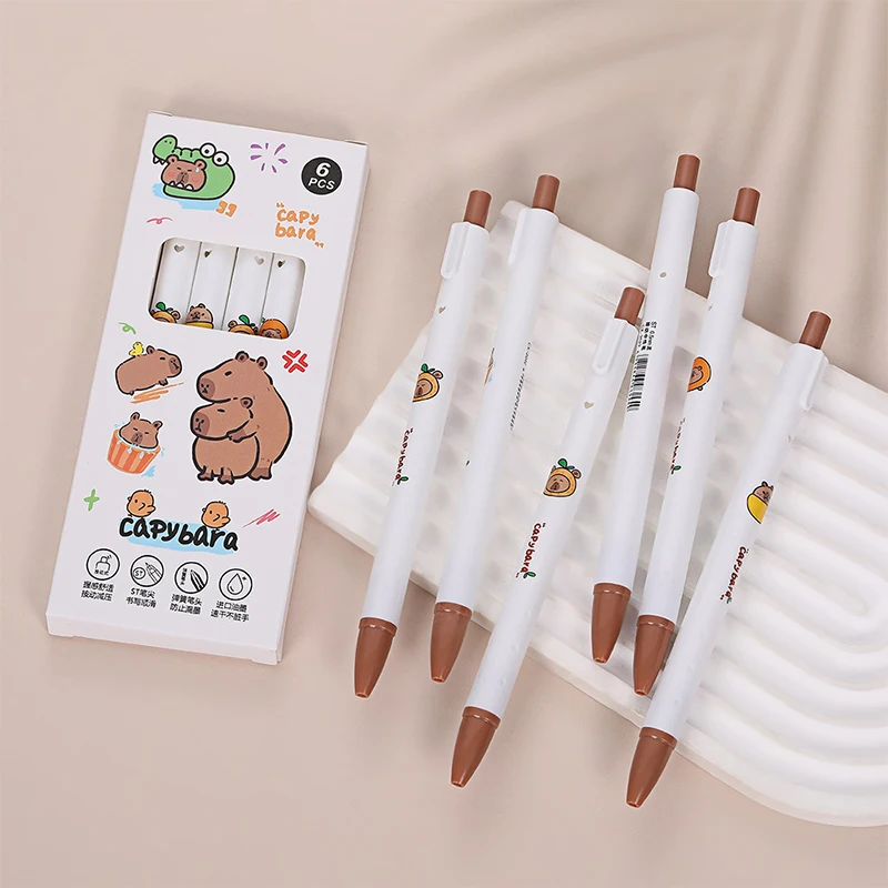 6 pezzi Kawaii penna Gel capibara asciugatura rapida 0.5mm inchiostro nero scrittura penne lisce accessori per ufficio forniture di cancelleria carine