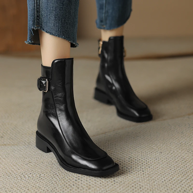 2024 New Autumn Women Boots Square Toe Low Heel Women Shoes Genuine Leather Retro Brown Ankle Boots Block Retro Leather Boots