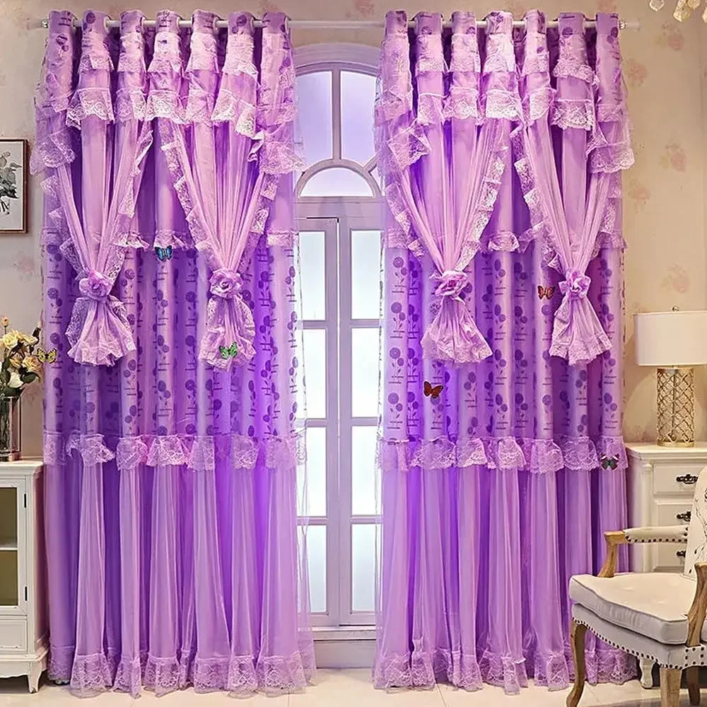 

1 Panel 140cm Width Double Layer Curtain for Girls Bedroom Princess Style Jacquard Girls Curtains with Valances