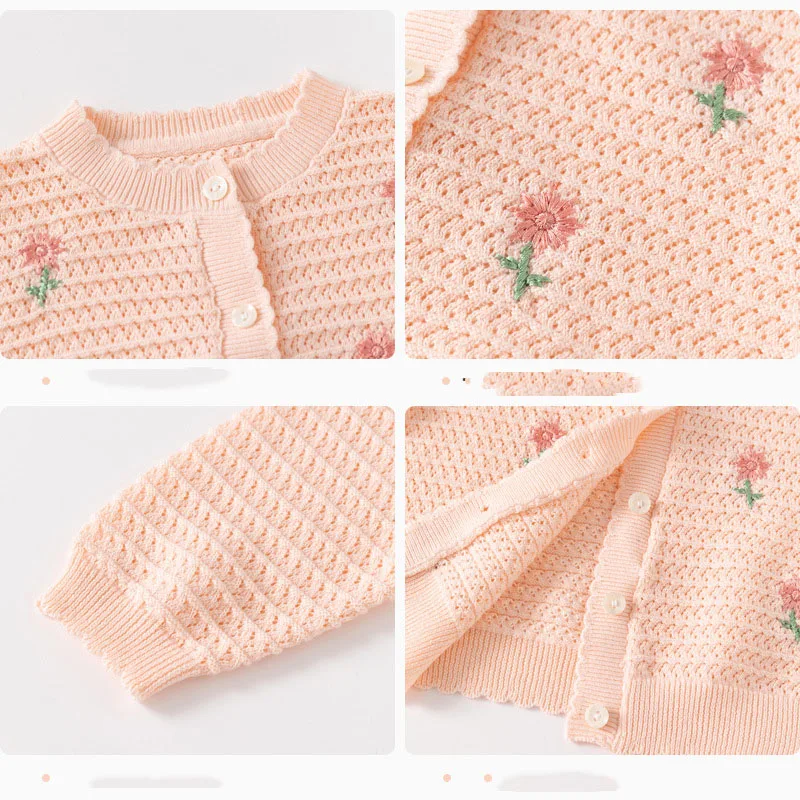 UNITIM Ins Autumn Toddler Girls Knitted Tops Floral Embroidery Hollow Little Girls Knitwear Long Sleeeve Baby Girl Thin Coat