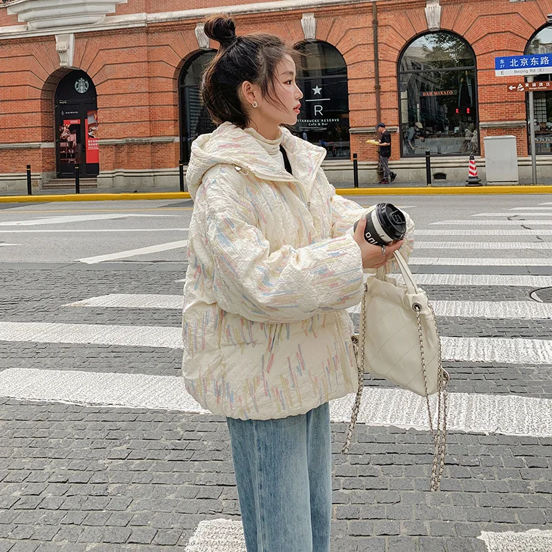 Inverno pequena fragrância estilo pressão enrugado pão jaqueta de algodão feminino solto e grosso design quente sentido jaqueta de algodão