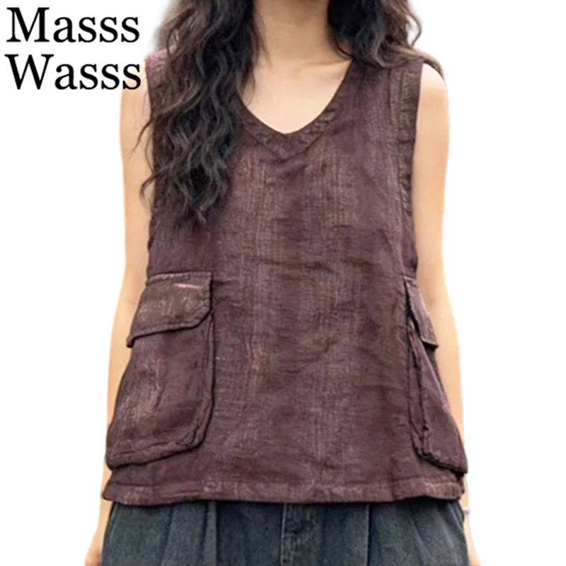 

Masss Wasss Summer Vintage Loose Soild Vest Ladies 2026 Fashion Classic Sleeveless Coat Womens British Leisure V Neck Waistcoats