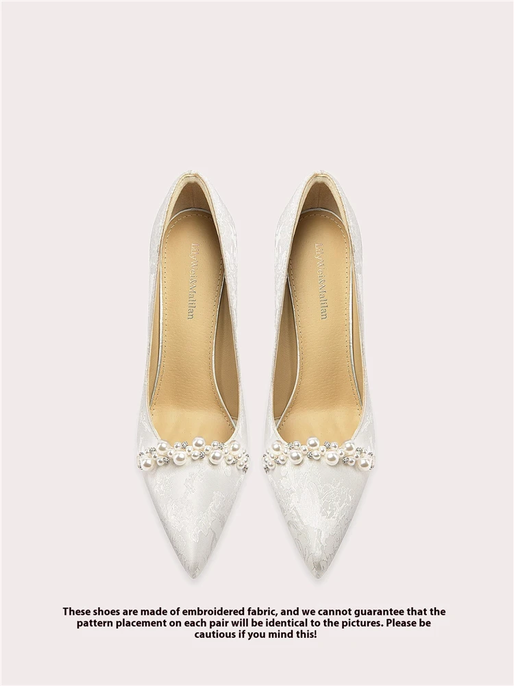 Spring new pointed rhinestone pearl belt flat wedding shoes thin high heel banquet dress large size small size women's shoes