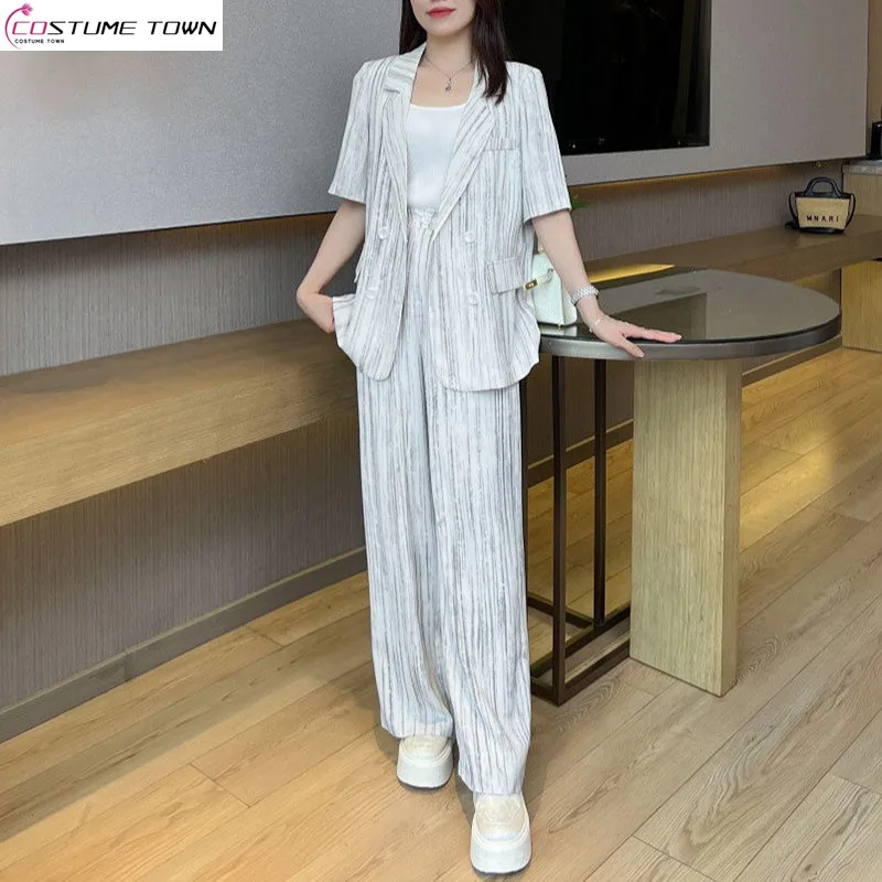 

2024 Spring and Summer New Style Loose Thin Casual Short Sleeve Printed Suit Wide Leg Pants Two Piece Set for Women