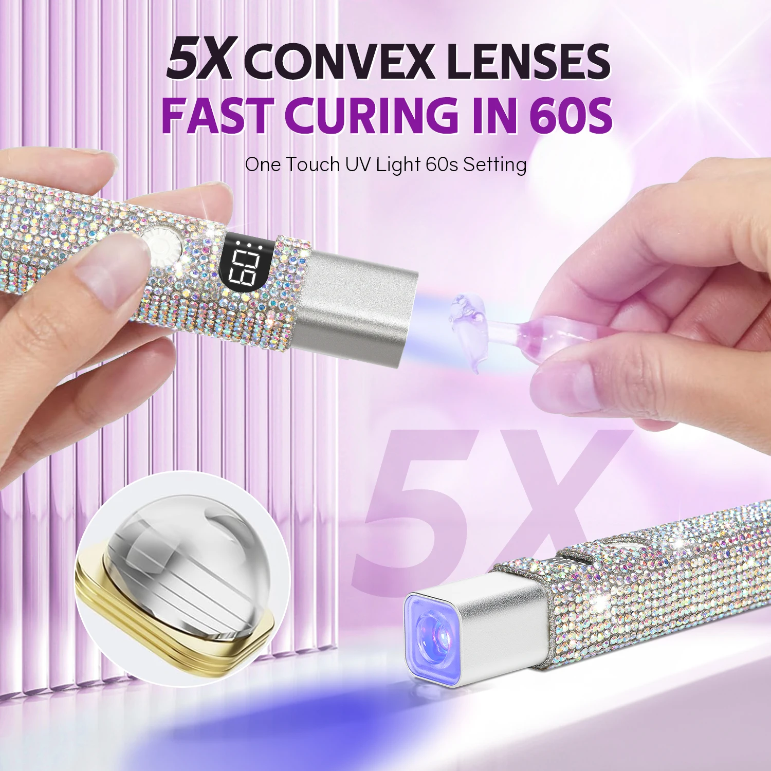 مصباح أظافر محمول بالأشعة فوق البنفسجية مع أحجار الراين اللامعة وشاشة عرض الوقت LCD وعدسات محدبة 5X للعلاج السريع