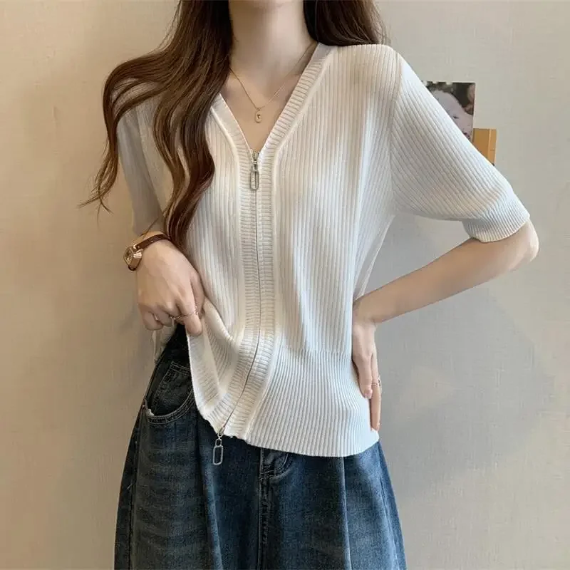 Customization Spring And Summer Large Size Women's Clothing Solid Color Belly Cover Tibetan Meat Skinny Zipper Short Sleeve Top