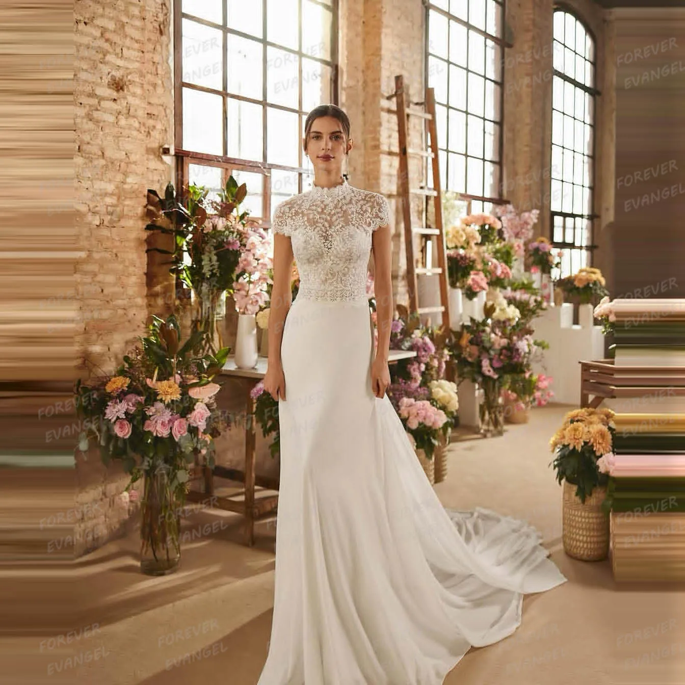 

Elegant Wedding Dresses Woman's A Line High Neck Bride Gowns Formal Cap Sleeve Sweep Train Soft Customized Vestidos De Novia