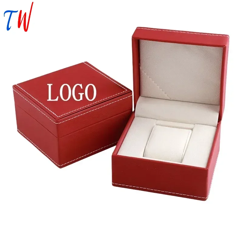 White Stitching Surface Red Line Texture Plush White PU Leather Flip Watch Case Box Free Customization Logo Watch Box Organizer