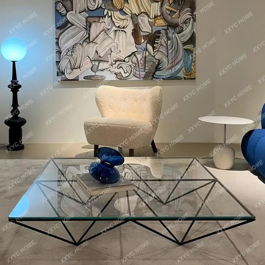 Wrought iron geometric coffee table ultra-white tempered glass, creative square sofa table simple and modern