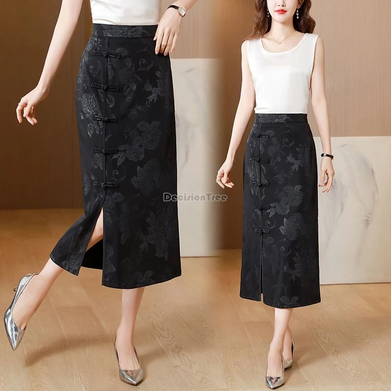 2024 vintage disc buckle national style split half skirt women's new chinese gauze jacquard skirt summer thin bag hip skirt b117