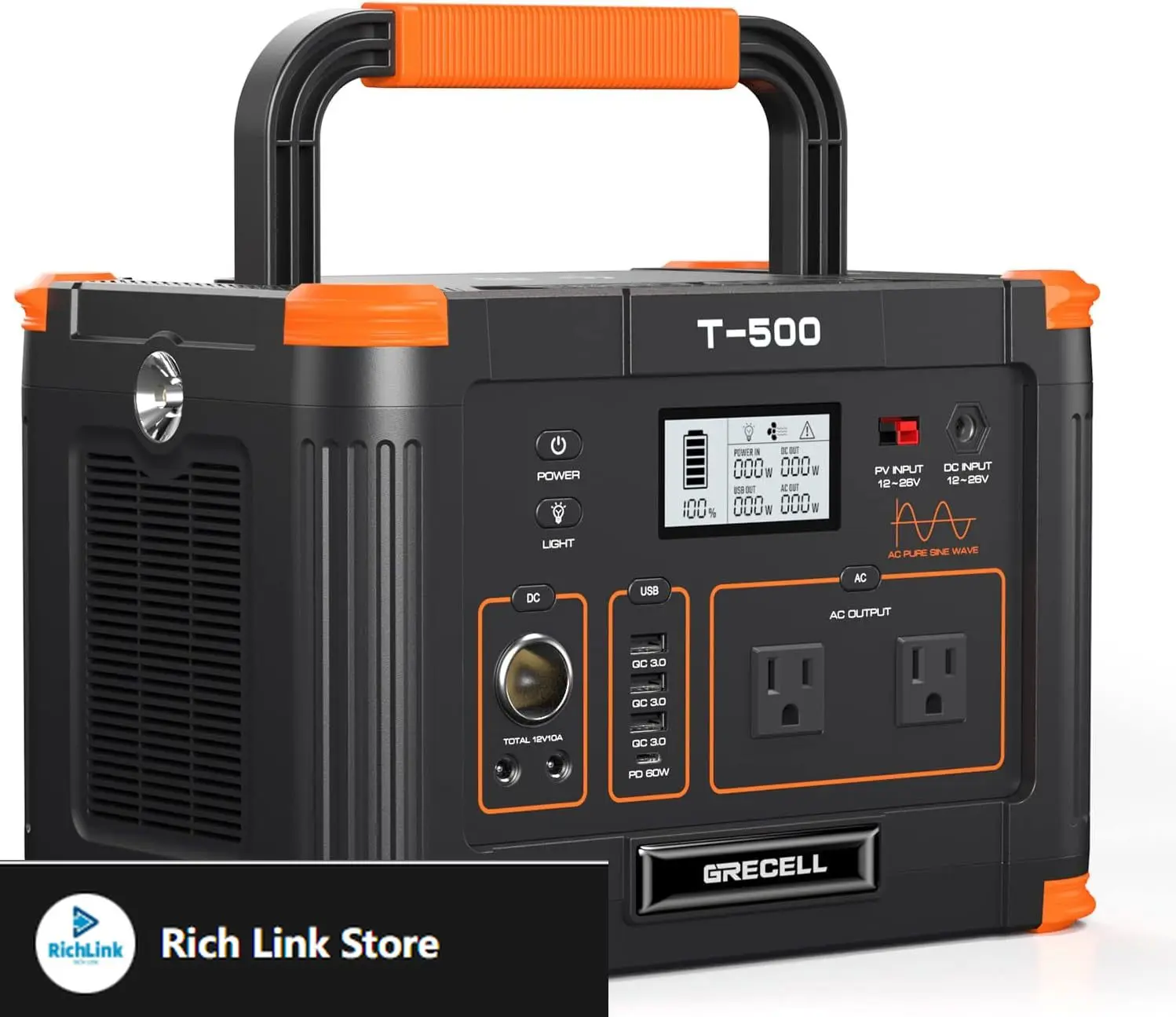 

Portable Power Station 500W(Peak 1000W), 519Wh Outdoor Solar Generator Backup Battery Pack with 2 110V AC Outlets