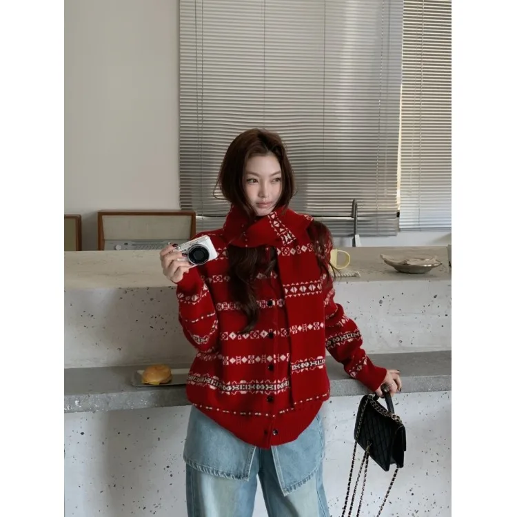 

Cisas Aosphere Loose Korean Sle Fair Isle Sweater Matching Scarf Autumn Winter Women's Faion Commute Sle Online E...