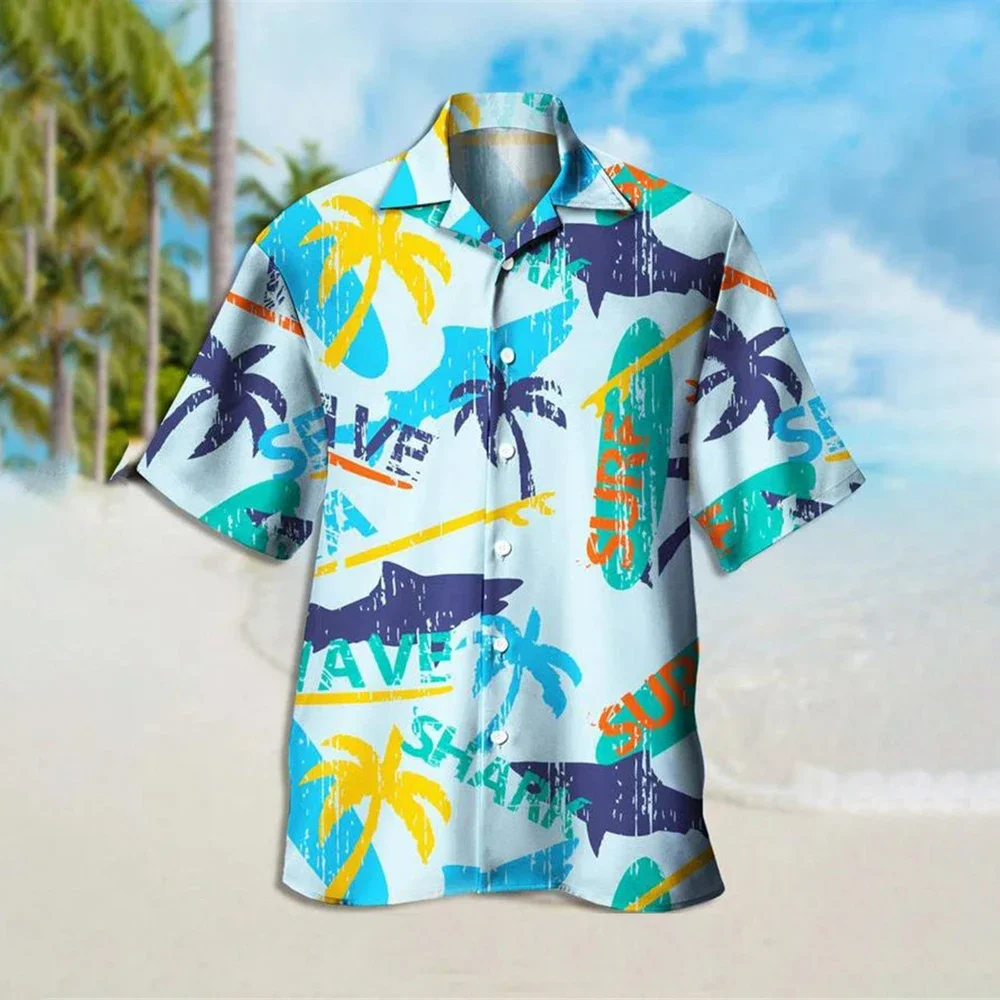 HX Fashion Men's Shirts Hawaiian Polynesia Coconut Tree Shark Art Printed Short Sleeve Shirt for Men Graphics Beach Shirt