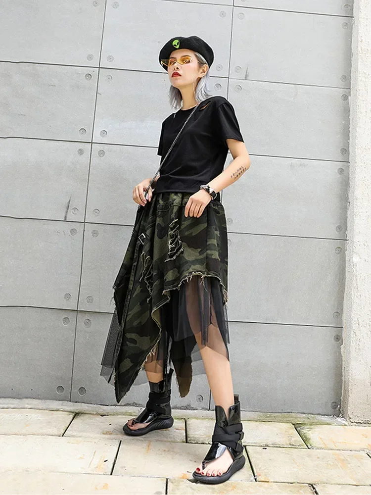 XITAO Pleated Leopard Lace Midi Skirt Women Irregular Print 2019 Pole Wild Joker Summer Punk Style Korea Fashion New XJ1689
