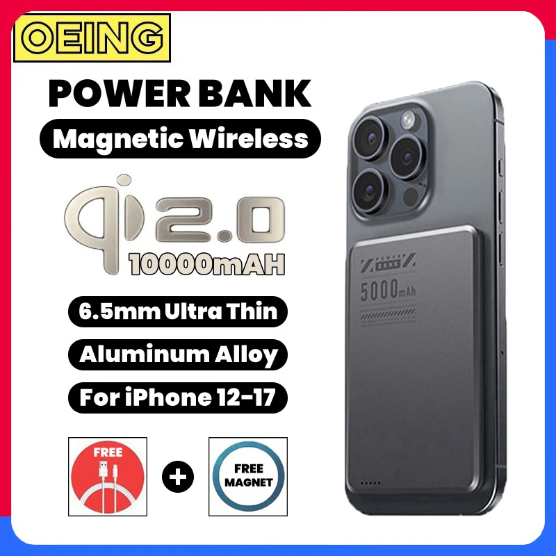 

Ultra Thin Magnetic Wireless Powerbank 10000mAh Alloy Battery Qi2 Fast Charging For Magsafe Power Bank For iPhone Xiaomi Samsung