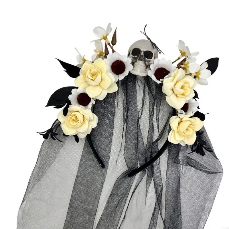 y5jd witch cosplay headpiece with skull punk flower hairband barty alloween party assent