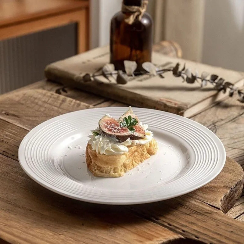 Simple White Ceramic Plate Threaded Household Western Food Plates Steak Salad Snack Cake Plates Tableware Restaurant Supplies