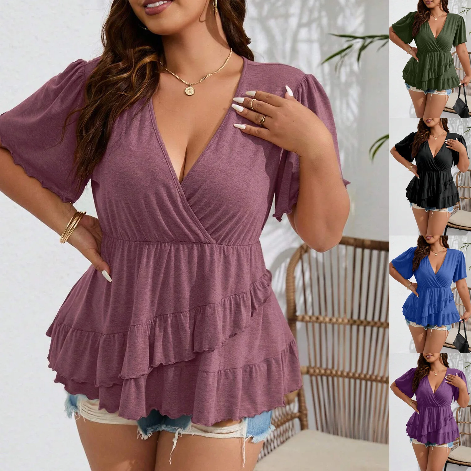 

Y2K spring and summer solid color T-shirt short-sleeved shirt women's pleated loose top casual short ruffle edge cuff V-neck top