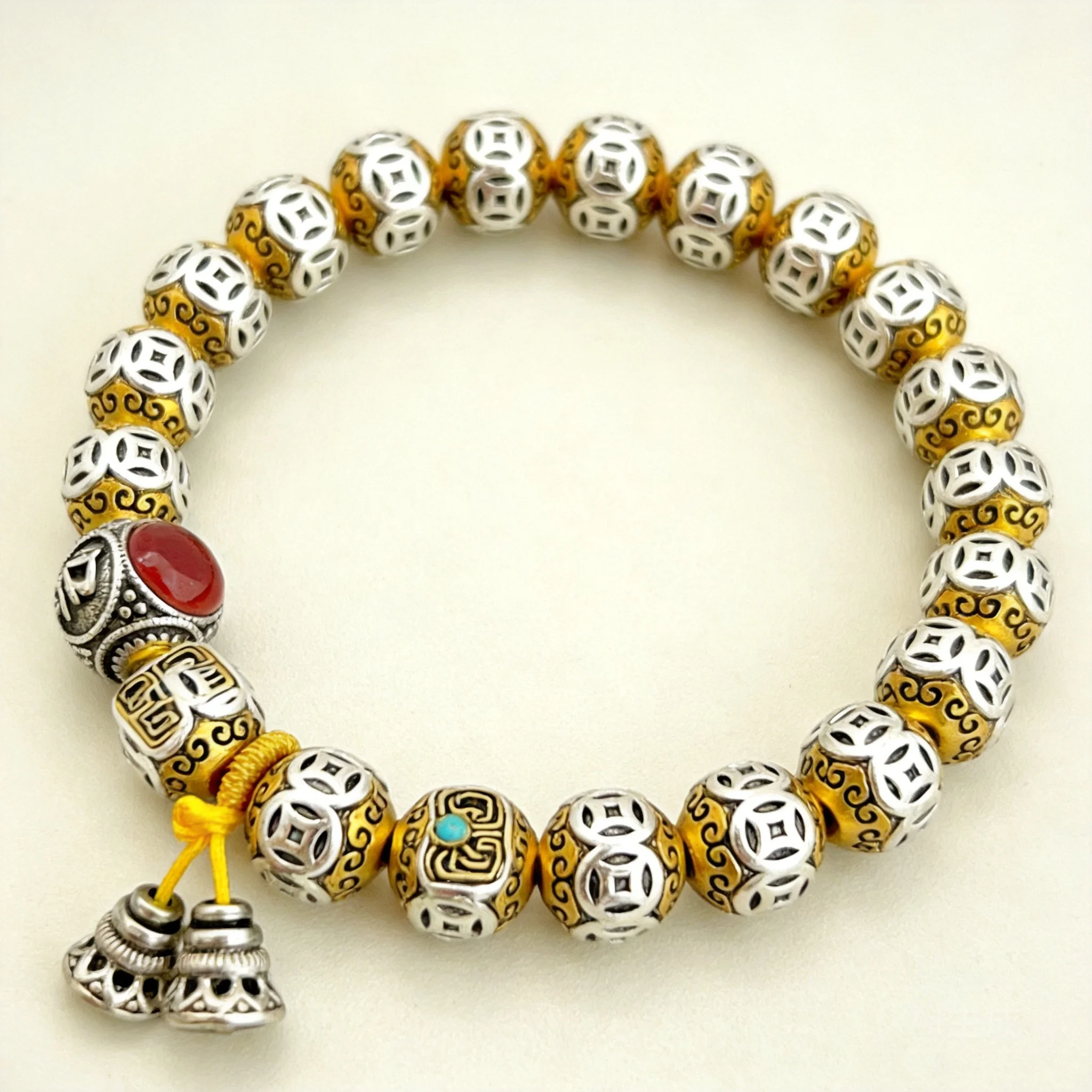 Pulseira Mala Tibetana Banhada a Ouro 24k com Moeda das Seis Verdades, Retrô, para Bênção da Sorte e Atração de Riqueza, para Homens