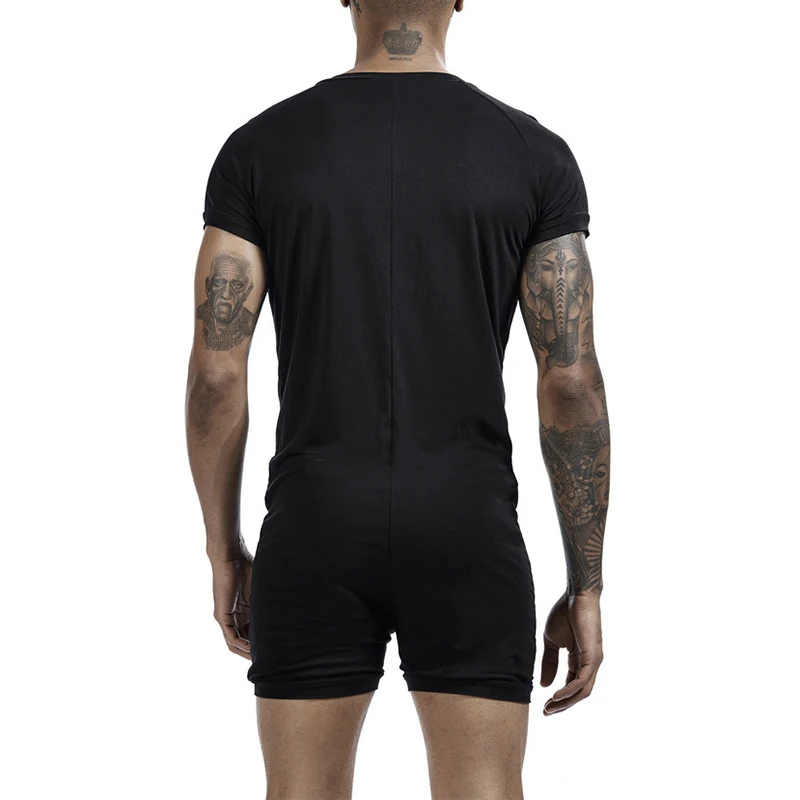 Sexy Button-up Crew Neck Jumpsuits Mens Summer Casual Solid Color Slim Fit Short Sleeve Bodycon Mens Pajamas Shorts Bodysuits