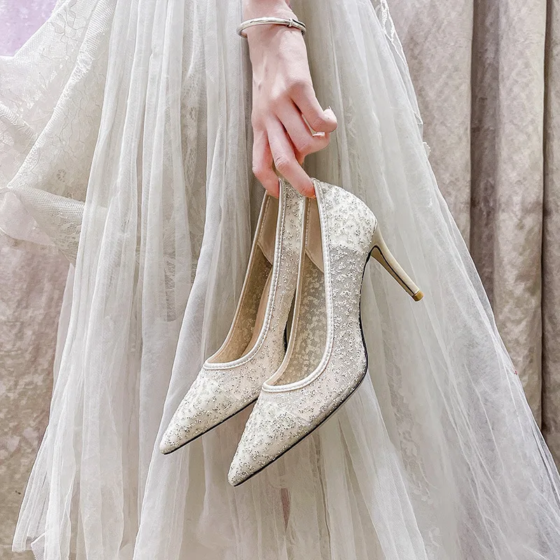 

Crystal high heels thin heels sequins sexy mesh bride's wedding shoes bridesmaids lace weddingshoes banquet dresses single shoes