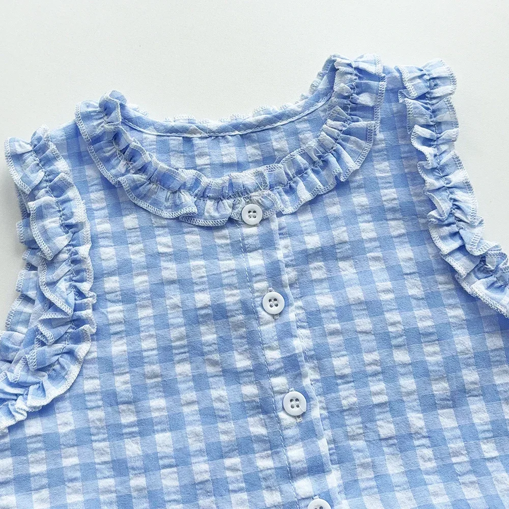 Blue and White Grid Fresh Casual Girls' Clothing Lace Sleeveless Single Breasted Vest+wide Leg Pants Two-piece Set for Summer image 3