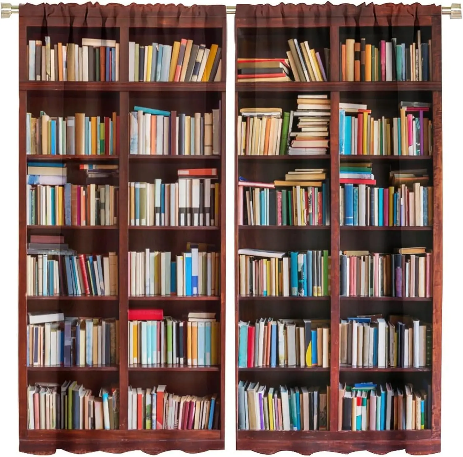 Bookshelf Curtains,Modern Vintage Library Books Educational Bookshelf Brown Wooden Bookcase Print Window Treatments Drapes for