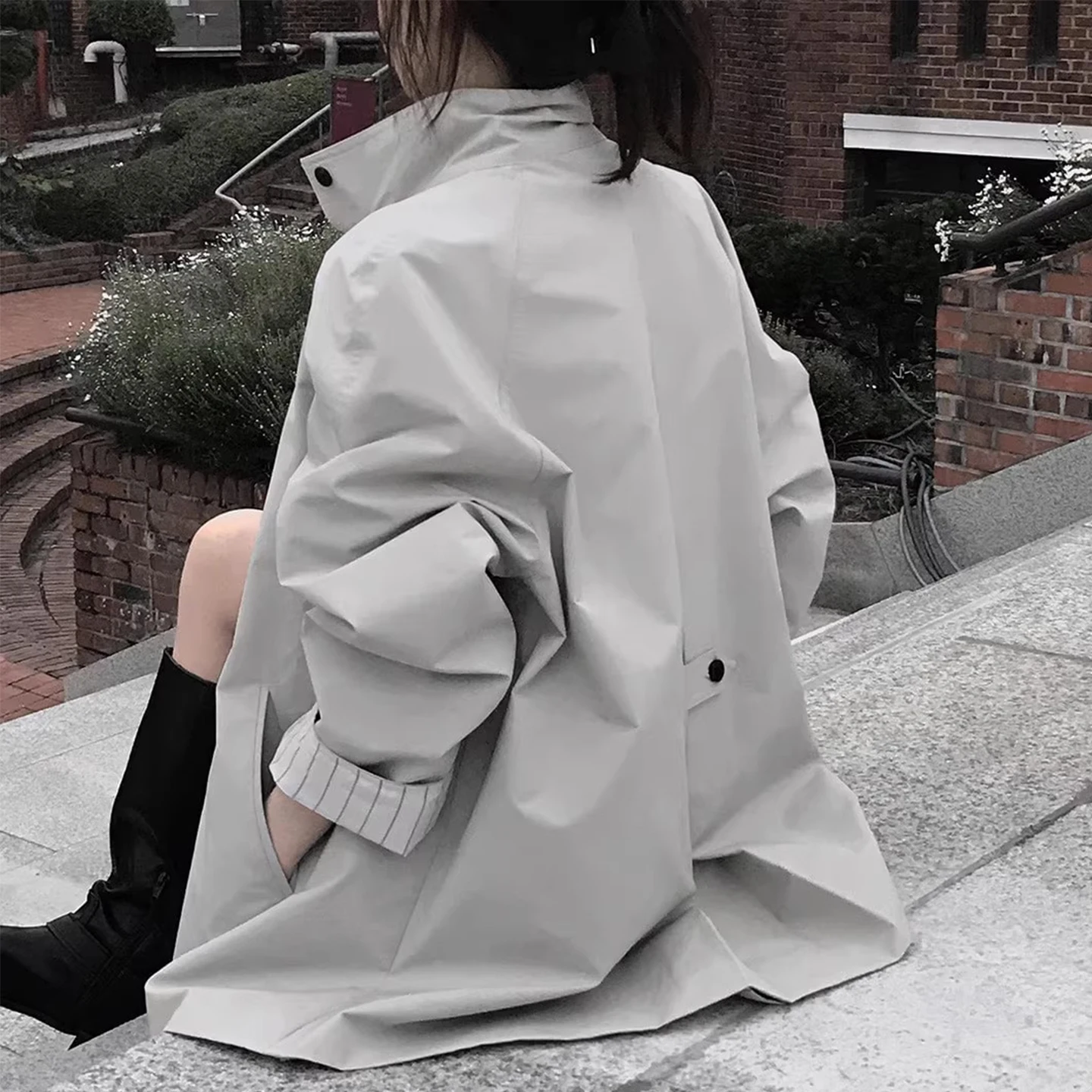 

Ele Stand Collar Pleated Loose Women's Jaet Autumn New Sle Medium Length Coat Commute Sle Faion Outerwear