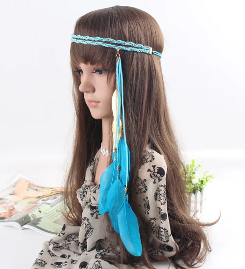 New Fashion Women Colorful Feather Headband Double Layer Spandex Velvet Striped Ribbon Bohemian Indian  Leaf Hair Band A5005