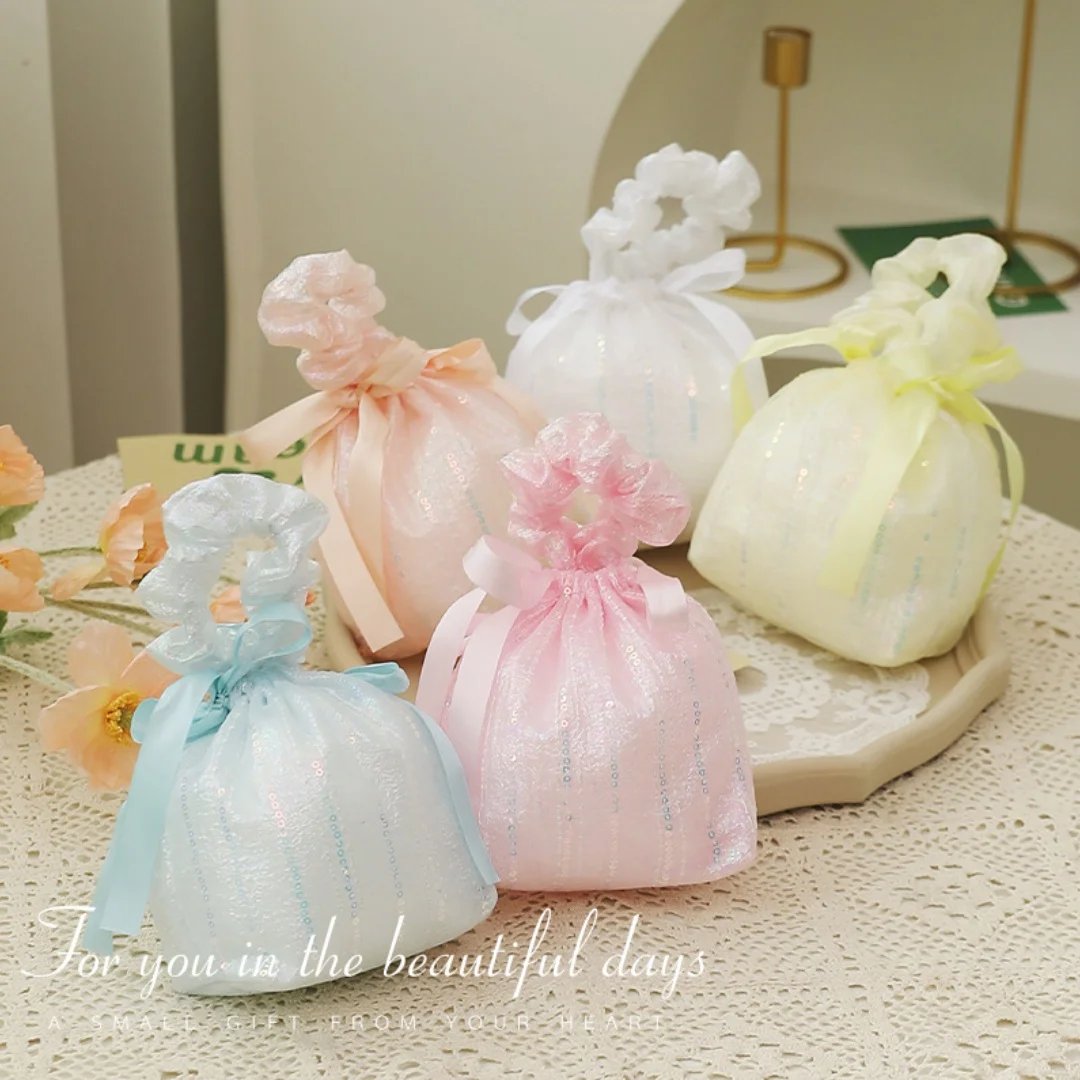 Pearl Pendant Flower Drawstring Bag Satin Bow Large Capacity Festive Sugar Bag Bucket Bag Storage Bag Canvas Wrist Bag Outdoor