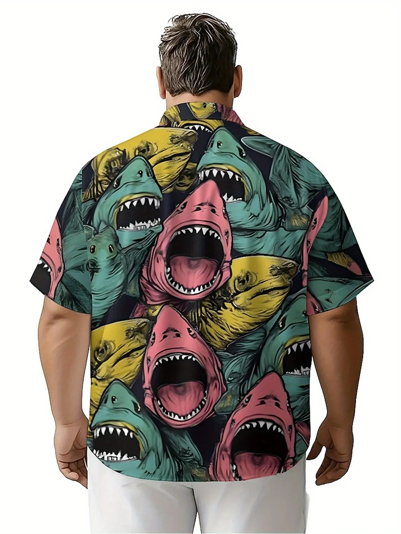 Men's Plus Size Hawaiian Shirts Shark Roar pattern, Summer Casual Tops, Suitable for Outdoor and Party, Streetwear