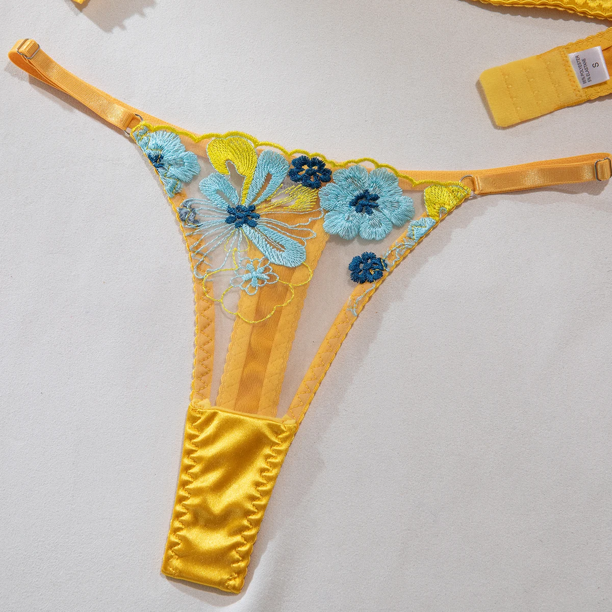 Yellow Multi-color Embroidery Sexy  See Through Mesh Two Piece Lingerie Set Perspective Lingerie Lace Bra G-String Underwear