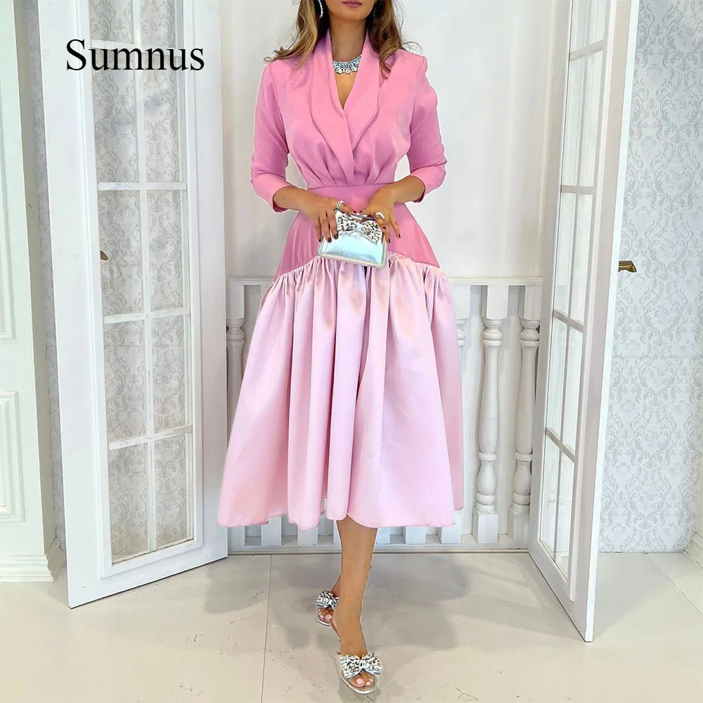 Sumnus Rosa Langarm EINE Linie Saudi-arabien Abendkleider Drapierte Satin Elegante Midi Frauen Formale Kleider Dubai Prom Party kleid