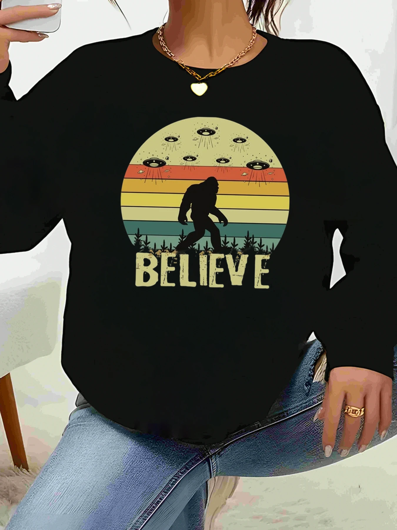

Bigfoot Ufo винтажный свитшот с принтом Believe, повседневная женская одежда на Хэллоуин