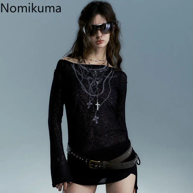 2024 Ropa Mujer T Shirts Women Slash Neck Long Sleeve Tunic Tees Casual Print Summer Camisetas Sexy Off Shoulder Tshirts Tops