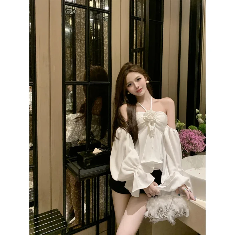White Off Shoulder Sexy Blouse Summer Long Sleeve Solid Patchwork High Street Short Shirt Tops Fashion Temperament Women Clothes