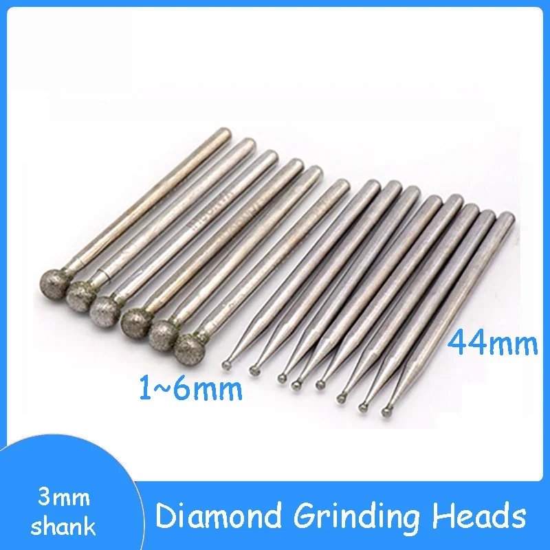 

5/10pcs 1mm~6mm Diamond Grind Needle Head Cutter Jade Carve Tools Engrave Rotary Spherical Burr Tool 3mm Shank Round Ball