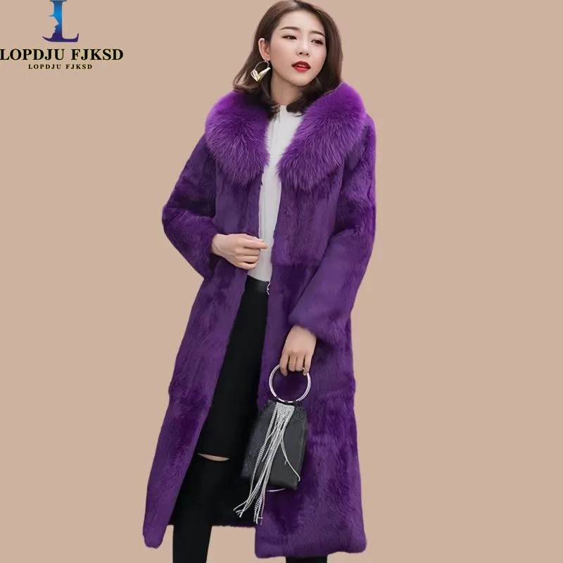 Real genuine natural full pelt rabbit fur coat with fox fur collar women fashion jacket custom any size 2024