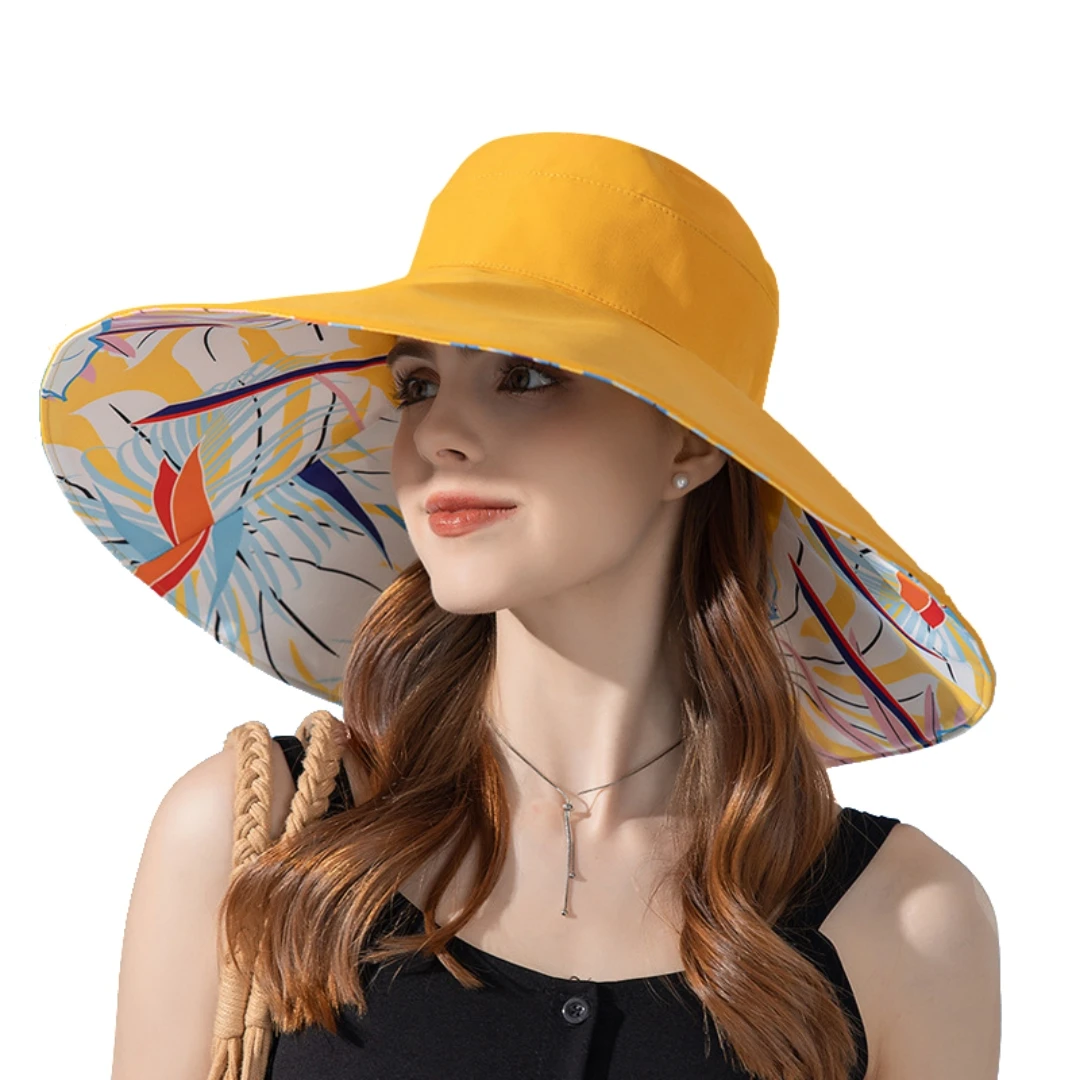 Sombrero de ala ancha de doble cara para mujer, protección solar, gorra de playa de flores, elegante protector solar para exteriores, novedad de