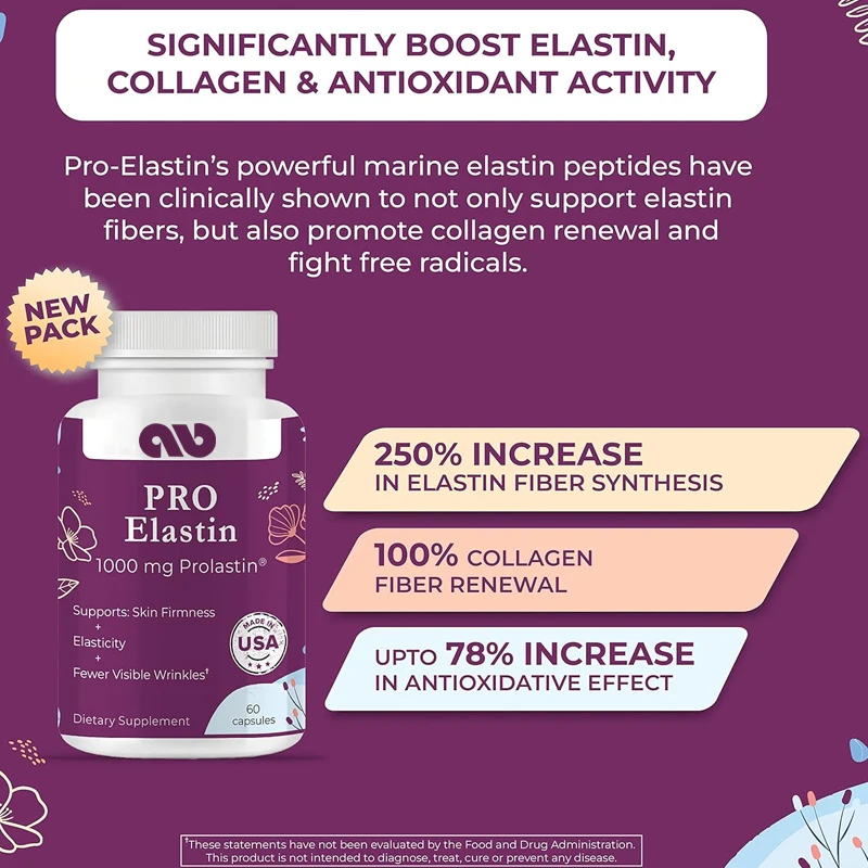 Pro Elastin, a 1000mg elastin supplement,helps reduce signs of aging,improve skin health,tighten and stretch,and reduce wrinkles