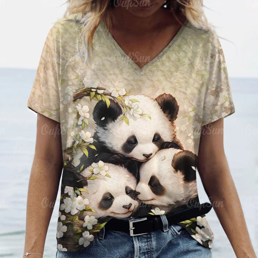 2024 Kawaii Women T-shirt Cartoon Panda Print Top Plus Size Women's Trend Clothing Fashion Short Sleeve Shirt Women V-Neck Tee