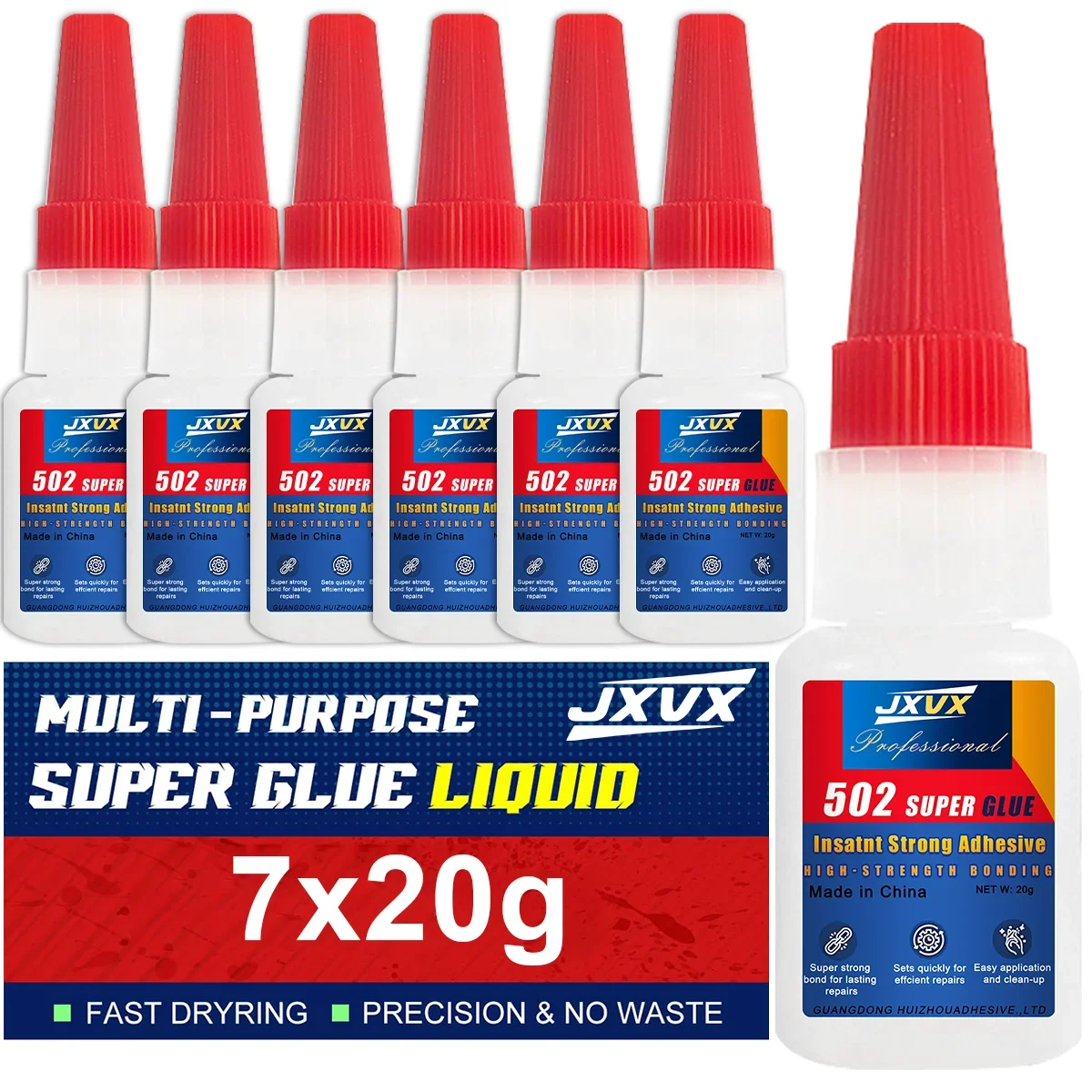 502 Super Glue Adhesivo instantáneo extra fuerte 20 g, (paquete de 7), adhesivo de cianoacrilato, para plásticos duros, manualidades, cerámica, marcos, cuero, metal, herramienta de pegamento líquido de unión fuerte.