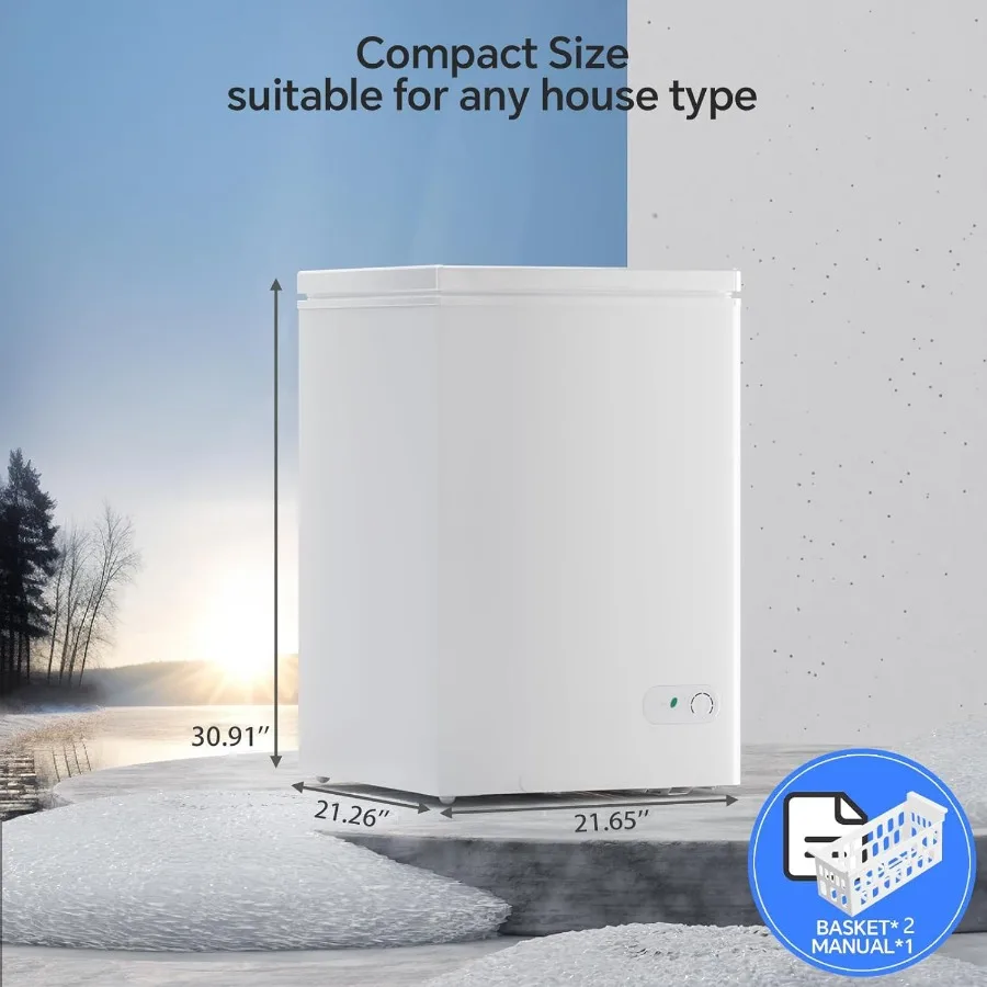 3.5 Cubic Feet Chest Freezer with 2 Removable Baskets White Free Standing Top Open Door Small Deep Freezer Adjustable Temperatu