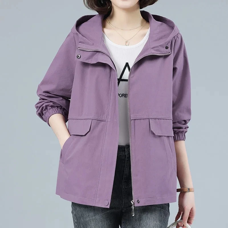 Short Coat Women's Spring Clothing 2023 New Fashion Loose Pocket Middle-Aged Mother Casual Autumn Hooded Jacket With Lining Top